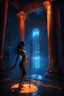 Placeholder: The female Shadow of Death using the staff of destruction. sexy. frightening. Horror. blue lightning and orange shadows. inside a temple. fantasy art, the naked truth, Cinematic lighting, Volumetric lighting, Epic color composition, octane render