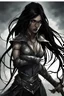 Placeholder: SA female elf with skin the color of storm clouds, deep grey, stands ready for battle. Her long black hair flows behind her like a shadow, while her eyes gleam with a fierce silver light. Despite the grim set of her mouth, there's a undeniable beauty in her fierce countenance. She's been in a fight, evidenced by the ragged state of her leather armor and the red cape that's seen better days, edges frayed and torn. In her hands, she grips two daggers, add dark shadow mystic purple flames