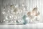 Placeholder: fluted translucent glass ornaments of varying shapes floating in front of a soft blurry light and shadow backdrop wall