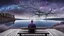 Placeholder: a figure sits with his back to the camera on amorphe bench in a beautiful landscape and overlooking the water of the nearby lake, calm, harmonious atmosphere, muted dark colors, purple, white, gray, brown, silver, blue, pale colors, , not too colorful colors, Whimsical style and giant stunning neuron network all over the sky surreal stunning vibe