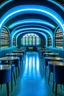 Placeholder: A restaurant whose outer walls are oval in shape, the color of the inside is blue, and its floor is light, with a bar table in the middle of the restaurant in the shape of an oval containing 30 chairs