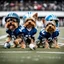 Placeholder: Yorkshire Terriers playing American football and wearing helmets.