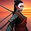 Placeholder: black long hairs lady samurai top under sunset