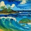 Placeholder: A light blue island with raging waves painted by Paul Gauguin