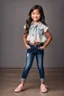 Placeholder: Little 8 years old 1girl wearing a pretty shirt and jean pant, standing pose