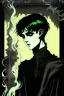 Placeholder: 17 year old boy, necromancer, friendly, looks dead, surrounded by weird smoke with eyes, wearing black robes, in the style of Harry Clarke