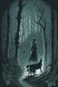 Placeholder: in the style of a Henry Justice Ford drawing, a beautiful witch walks through a dark forest, a dog is coming towards her