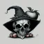 Placeholder: drawing of a Skull with a Witch hat, Skull has ghost eyes and is eating from a poison apple.