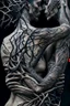 Placeholder: Multiple entanglements between a twisted thin piece of cloth as part of many twisted and spiraling branches disappearing into the distant mist, epic photo, 2 beautiful lovers are embracing, stunning tattoos that intwine with eachothers tattoos,sharp on highly detailed skin with wrinkles and high contrast, photorealistic, 4K, 3D, realism, hyperrealism, detail, good lighting, detailed texture, modern photography style, 3D, 4D, 4K