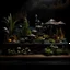 Placeholder: realistic image, high quality, a Terarrium standing on a wooden table, the wall behind it is black, inside the terarrium are tropical plants growing horizontally at the back wall. the floor of the terarrium is covered in black sand, on the black sand a bunch of exotic looking mushrooms are growing