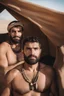 Placeholder: portrait photography of two serious ugly brawn 35-year-old burly beefy bullneck arabs tourist guides wearing traditional clothes, shirtless, big shoulders, hairy chest, manly chest, with very bushy eyebrows, photorealistic, sunlight, ambient occlusion, strong side light , inside a camping tent in the desert