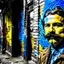 Placeholder: Candid photographs of the acter charli chaplin with the famous mustache on a wall in an alley of an ancient town, in a combined art style of generative art, calligraphic lines, rust debris, peeling yellow and blue paint, black and white portraits, distorted figures.