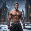 Placeholder: Hyper realistic Extremely Handsome shirtless muscular king smiling & Standing outside huge castle at dark & heavy snowfall night