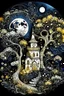 Placeholder: magic white, golden ,fairy-tale house bell ,stone path,layered trees with curlicues,fluffy flowers white volumetric bells ,radiance glow from inside op-art,black night,silver luminous full moon,curly clouds,silver stars,mysticism,fractals,grotesque,silver black,dark blue suspension,filigree drawing ink and markers,airbrush,art nouveau,dark fantasy,dark botanical,color correction,volume,gloss,hyperrealism