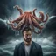 Placeholder: Hyper Realistic Octopus on a Man's head standing in a water flood tunnel with big wave splashes at rainy night