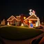 Placeholder: photograph taken by a gopro camera of a suburban house and landscaping with an insanely detailed Christmas light display lit up at night. Christmas lights on everything, Santa's sleigh and reindeer on roof all lit up with individual christmas lights,