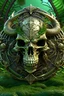 Placeholder: 4K, 8K, 3D, dragon skull on medallion, green, stone, iron, grass, trees, Exquisite detail-logotype, very detailed elegant style, 3-Dimensional, hyper realistic, dragon skull, extremely detailed, hyper realistic, 3d render, photo, dragon skull on medallion