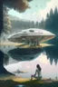 Placeholder: spaceship in a clearing, next to a lake, with a woman kneeling under it repairing it