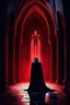 Placeholder: Create an atmospheric scene in a gothic style: a mysterious hall with high stone walls, surrounded by dark shadows. In the center stands a dark figure in a cloak, gazing at a sinister throne occupied by a giant surrounded by a red and blue glow. The floor is bathed in bloody red light, reflecting off the damp stone. The atmosphere is tense and enigmatic, imbued with an air of ancient secrets. in the style of Mandy Disher., by Agnes Cecile, Raymond Swanland, Luis Royo