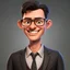 Placeholder: a portrait of smiling western man. caricature. black short hair. light skin. black eye pupils. rectangle eyeglasses, black frame. heart face shape. extended goatee moustache. wear black formal dress. pixar style. 3D. 4k. portrait. highly detailed. sharp focus. high resolution. full color. cinema lighting