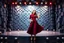 Placeholder: a pretty stage made of metallic blue-gray theme 3d recursive cubic and sphere base structures and a beautiful fashion model lady posing with joy and cute ,with dark red top and pretty pleated midi skirt ,makeup curvy long hair,dynamic camera zoom to full body and pan, dynamic lights.