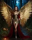 Placeholder: Photography full body A Length image of very beautiful Super model Russian Woman,long hair red as an Beautiful Archangel with wings made from metal craft,dressing luxurious golden and black color armor filigree combination fully crystals diamonds stone,in magical night forest full of lamps Background