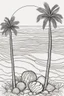 Placeholder: Palm trees with seashells, outlined in black and white with clear, substantial lines for an adult coloring book, contour, vector, clean line art, against a white background