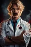 Placeholder: Mid-thirties, Caucasian male doctor, creepy smile, messy blonde hair, light-colored thick mustache, pale blue eyes, broad shoulders, muscular, six foot, Hawaiian shirt under white lab coat, bloodstains at the edges of the lab coat. Strong Jaw line, in a dark, shadowy room with tendrils of black reaching around him. photo realistic