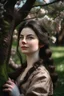 Placeholder: Beautiful Girl in the garden, 18 century, brunette, literally dark hair, dark eyes, fat, smell of sakura, rest, detailed face, england, she is staying under the tree, 30 years old