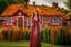 Placeholder: Full body shot of a tall slim pretty, red-headed young woman, dressed in a long flowing colourful dress, standing in front of a row of cottages and shops with thatched roofs, casting runes in the air