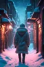 Placeholder: an eskimo walks in an alley, we see her back, neon lights, winter, snow, fantasy world, 4k