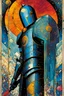 Placeholder: Create a chaotic abstract cubist Tarot Card depicting The Knight of Swords , with highly detailed facial features, in the style of Bill Sienkiewicz, Philippe Druillet, Gustav Klimt, and Jean Giraud Moebius, precisely drawn, colored and inked, with ornate bordered edges