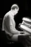 Placeholder: Hombre, pianista, tocando el piano, mirando hacia su derecha, fuertemente iluminado desde, blanco y negro vaporoso, al estilo del fotógrafo Hugo Alonso