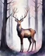 Placeholder: night, deer with antlers standing sideways, looking at viewer, realistic water color painted, among light colored tall simplified tree trunks, foggy, digital painting, Easter Spring pastel colors, colorful, dark background