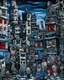 Placeholder: A dark bluish black demonic urban city with twisted buildings designed in Japanese Oni masks painted by Jean Dubuffet