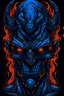 Placeholder: Vibrant Vector Art, Front View, Demon, blue lava veins, stylized, Up close, half skin, black background, eyes all over body, wide face, no mouth