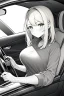 Placeholder: blonde young girl inside car, greyscale