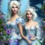 Placeholder: Fantasy fairy with transparent wings, smiling, make up, long platinum blond hair with crown and flowers, blue dress, flower background