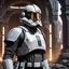 Placeholder: star wars bald male corellian pilot wearing pearlescent black and gunmetal grey First Order special forces heavy assault stealth commando armor and helmet with gold trim inside the jedi temple, hyperdetailed, dynamic lighting, hyperdetailed background, 8k resolution, volumetric lighting, light skin, fully symmetric details