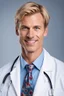 Placeholder: Mid-thirties, Caucasian male doctor, kind smile, blonde hair (slightly disheveled) blonde mustache, pale blue eyes, broad shoulders, muscular, six foot, Hawaiian shirt under white lab coat with bloodstains at the edges. Strong Jaw line, photo realistic