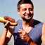 Placeholder: Volodymyr Zelensky WITH A BEARD wearing TANKTOP EATING A HOTDOG