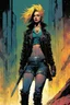 Placeholder: create a hardened, punk biker girl in the comic book art style of Mike Mignola, Bill Sienkiewicz and Jean Giraud Moebius, , highly detailed,, grainy, gritty textures, , dramatic natural lighting