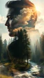 Placeholder: portrait of a man and a woman and a child , Double exposure surreal digital art of a mysterious , his face in profile, blending seamlessly into the shape of the clouds . a magical forest scene unfolds, illuminated by golden light rays, with tall trees and a flowing river.