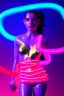 Placeholder: Rosalía artist, Realistic image, waist up portrait, perfect eyes, glow, eye liner. pigtails hair, spray line make up, glow. lips, gold. big rings piercing, led ornament, pearls. inflatable latex coat, cold, led lights, minimal, neon, pink, blue, gold, vibrant color, highly detailed, art stations, concept art, smooth, unreal engine 5, god lights, ray tracing, RTX, lumen lighting, ultra detail, volumetric lighting, 3d, finely drawn, high definition, 4k.