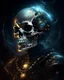 Placeholder: T-shirt format,black background,portrait of bio-mechanical cyborg skull on alien planet, space nebula, low angle, cosmic space background, Rembrandt texture, loose painting style, intricate detail, cinematic lighting, octane render, 8k render, volumetric lighting, cosmos, deep outer space, professional ominous concept art, by artgerm and greg rutkowski, an intricate, elegant, highly detailed digital painting, concept art, smooth, sharp focus, illustration