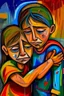 Placeholder: a girl hug her brother and both crying sadly, expressionism, Pixar style, in abstract art Basquiat, Picasso, Miro, Kandinsky, Klee, Birell, Fairey, Ardon, Buffet aand Picasso style, HD --s 750 --v 5.1 --style raw, water color