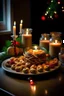 Placeholder: Christmas, there is an Advante wreath and four burning candles on the table. A jar of gingerbread! Decorations for Christmas trees.