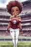 Placeholder: A sassy thick-lined watercolor cartoon image of a black chibi girl standing in front of a football stadium. She is wearing a off the shoulder Garnet, black and white jersey blouse and tight white jeans behind her curvy body. Looking up coyly, she grins widely, showing sharp teeth. Her poofy hair forms a mane framing her confident, regal expression. Prominent makeup with hazel eyes. Hair is highly detailed.