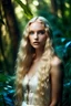 Placeholder: Royal and luxurious White Caucasian Blonde Young Woman with Blue Eyes, full lips, and long hair, unblemished and flawless. In a dense African Jungle. Hourglass figure.