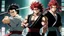 Placeholder: yujiro hanma vs yoriichi tsugukuni, baki vs kimetsu no yaiba, two mans standing in front of each other, a big strong man in black shirt with red hair and evil grin facing a smaller swordsman with long hair and calm face in traditional japanese clothes